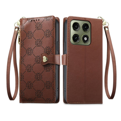 For Motorola Edge 70 Pro 5G Zipper Wallet Heart Buckle Vegan Leather Phone Case with Wrist Strap(Brown)