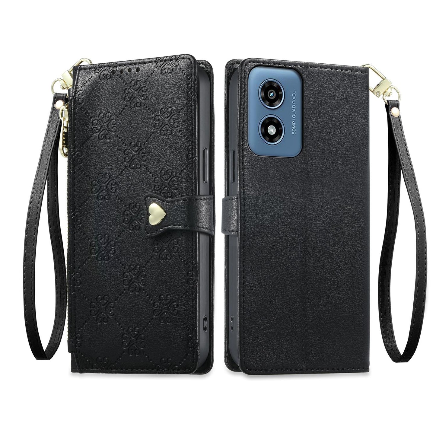 For Motorola Moto G Play 2024 Zipper Wallet Heart Buckle Vegan Leather Phone Case with Wrist Strap(Black)