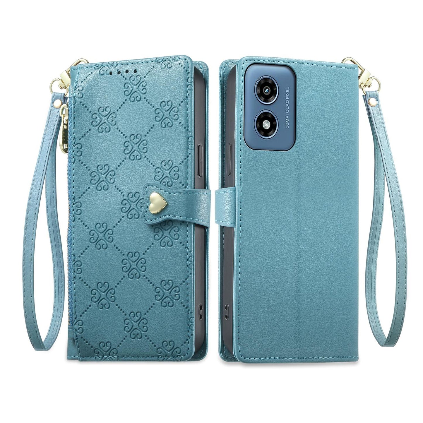 For Motorola Moto G Play 2024 Zipper Wallet Heart Buckle Vegan Leather Phone Case with Wrist Strap(Lake Blue)