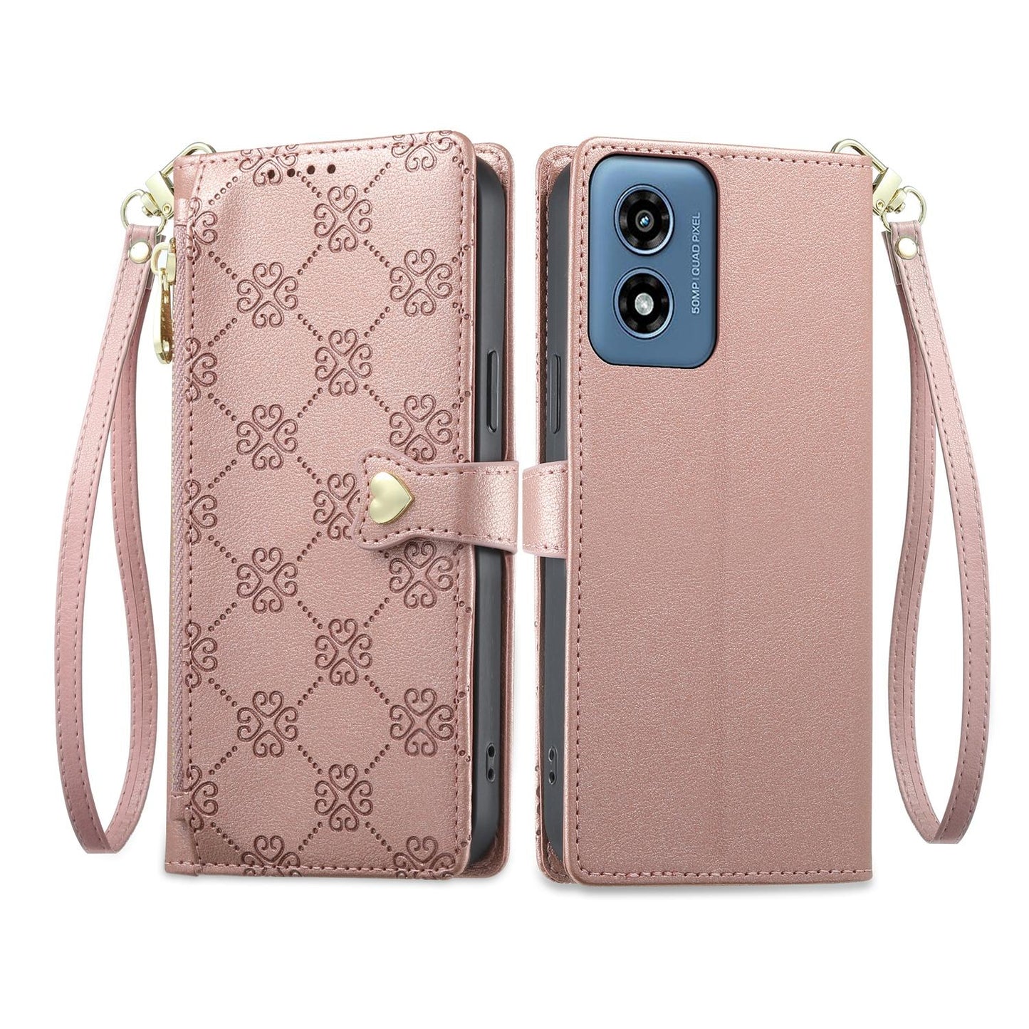 For Motorola Moto G Play 2024 Zipper Wallet Heart Buckle Vegan Leather Phone Case with Wrist Strap(Pink)