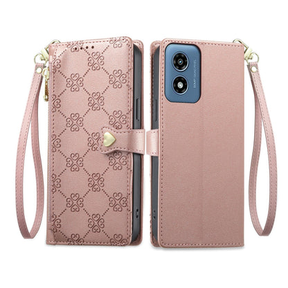 For Motorola Moto G Play 2024 Zipper Wallet Heart Buckle Vegan Leather Phone Case with Wrist Strap(Pink)