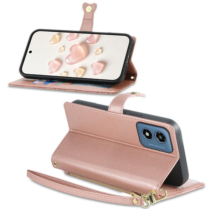 For Motorola Moto G Play 2024 Zipper Wallet Heart Buckle Vegan Leather Phone Case with Wrist Strap(Pink)