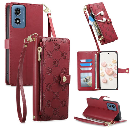 For Motorola Moto G Play 2024 Zipper Wallet Heart Buckle Vegan Leather Phone Case with Wrist Strap(Red)