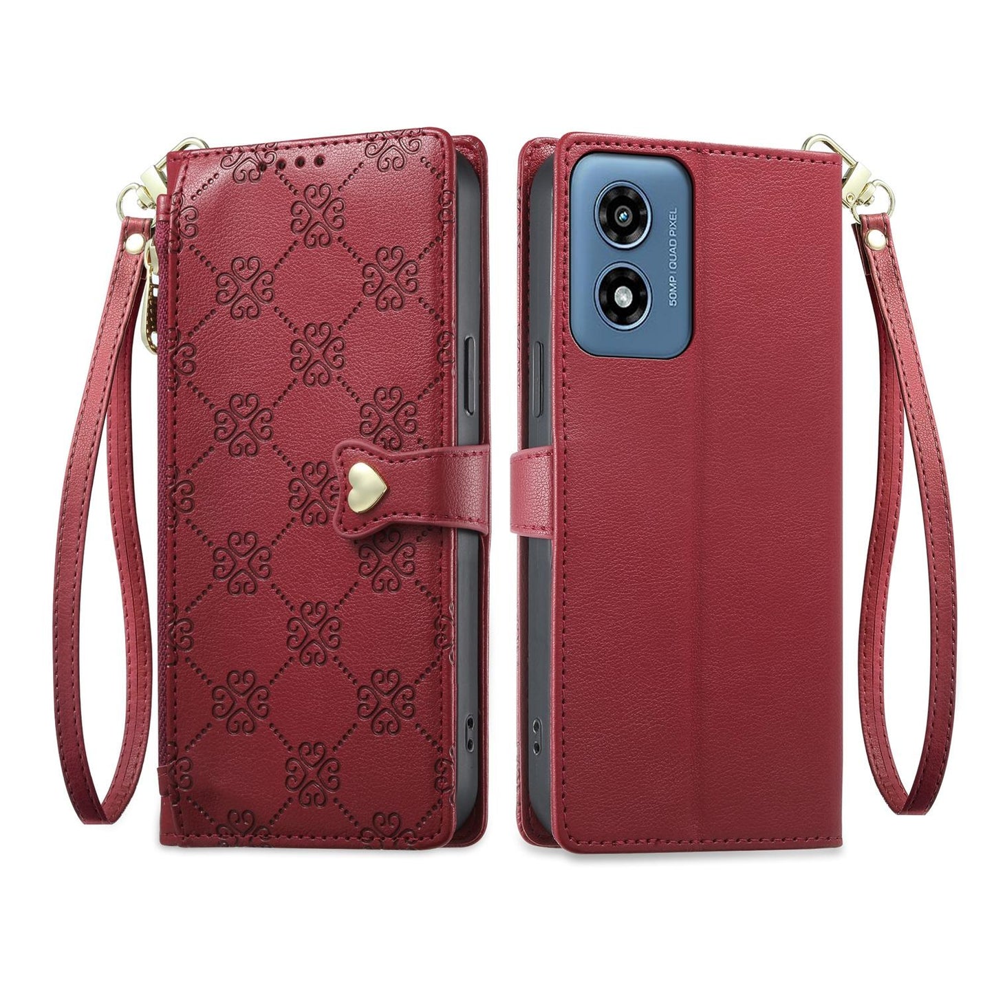 For Motorola Moto G Play 2024 Zipper Wallet Heart Buckle Vegan Leather Phone Case with Wrist Strap(Red)