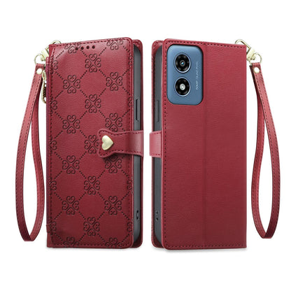 For Motorola Moto G Play 2024 Zipper Wallet Heart Buckle Vegan Leather Phone Case with Wrist Strap(Red)
