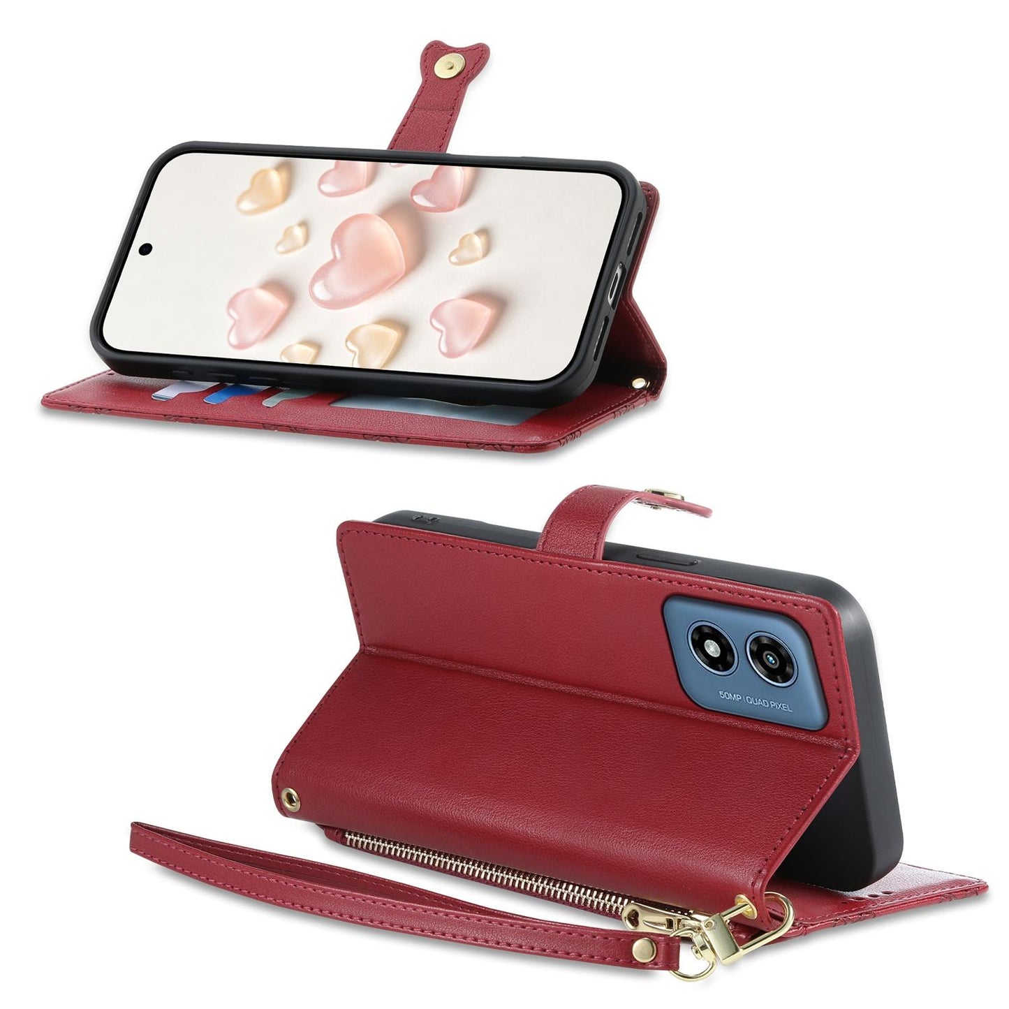 For Motorola Moto G Play 2024 Zipper Wallet Heart Buckle Vegan Leather Phone Case with Wrist Strap(Red)