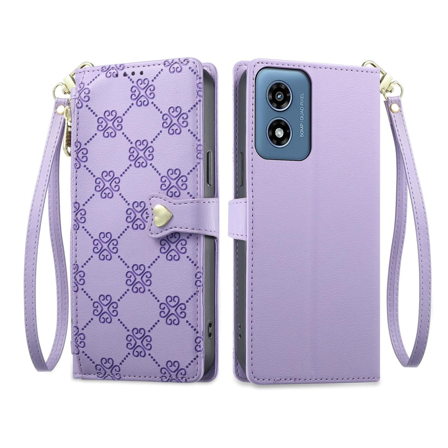 For Motorola Moto G Play 2024 Zipper Wallet Heart Buckle Vegan Leather Phone Case with Wrist Strap(Purple)