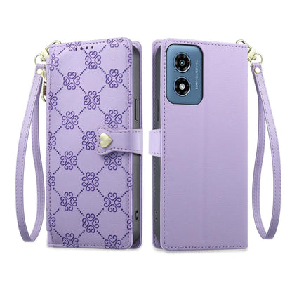 For Motorola Moto G Play 2024 Zipper Wallet Heart Buckle Vegan Leather Phone Case with Wrist Strap(Purple)