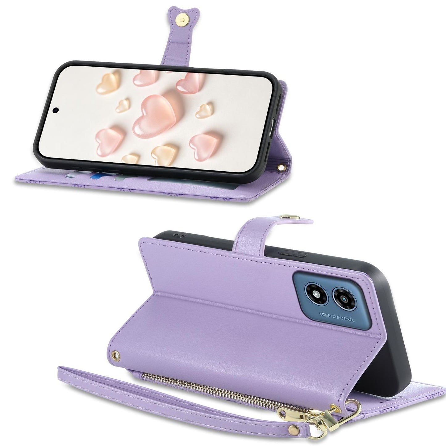 For Motorola Moto G Play 2024 Zipper Wallet Heart Buckle Vegan Leather Phone Case with Wrist Strap(Purple)