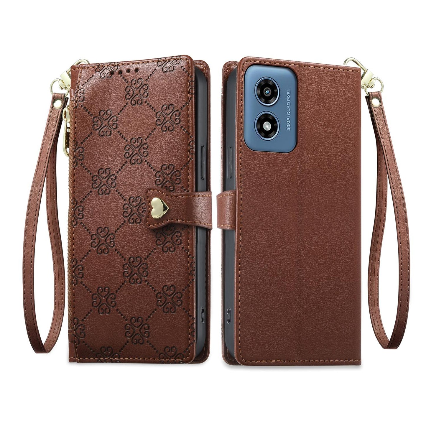 For Motorola Moto G Play 2024 Zipper Wallet Heart Buckle Vegan Leather Phone Case with Wrist Strap(Brown)