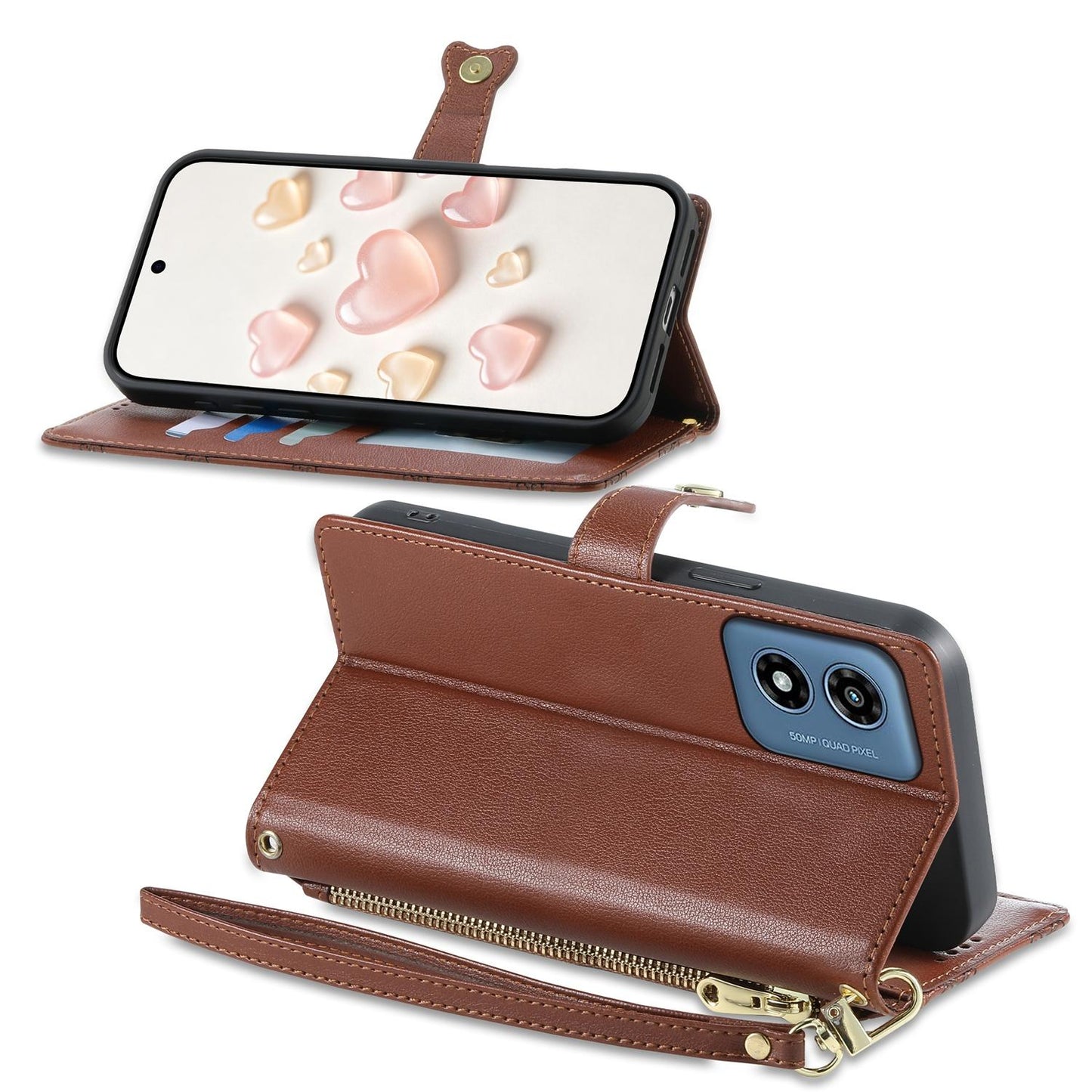 For Motorola Moto G Play 2024 Zipper Wallet Heart Buckle Vegan Leather Phone Case with Wrist Strap(Brown)