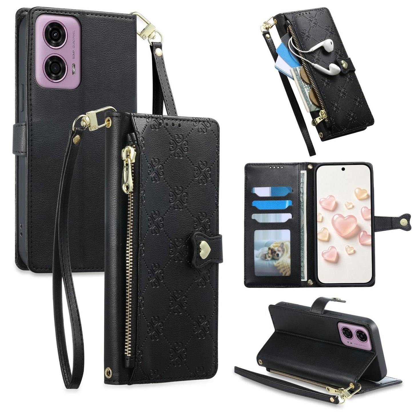 For Motorola Moto G04 / Moto G24 Zipper Wallet Heart Buckle Vegan Leather Phone Case with Wrist Strap(Black)