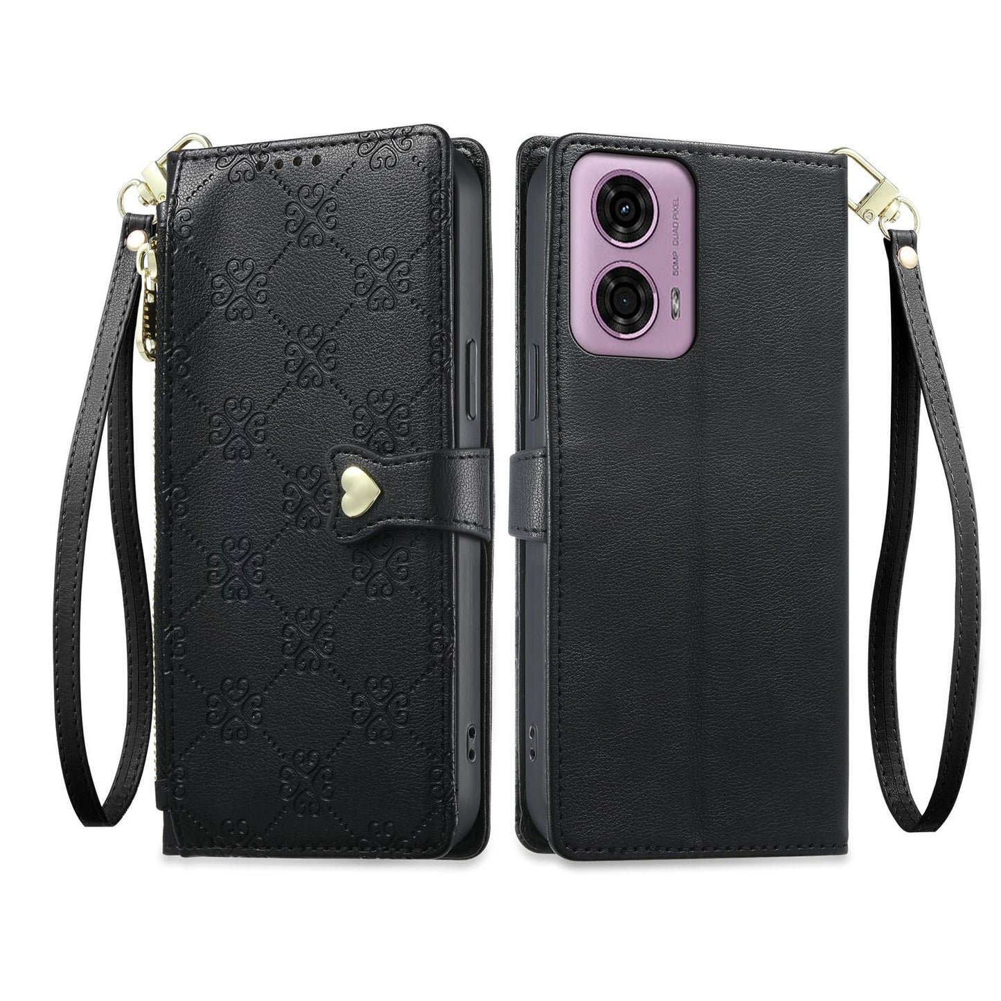For Motorola Moto G04 / Moto G24 Zipper Wallet Heart Buckle Vegan Leather Phone Case with Wrist Strap(Black)
