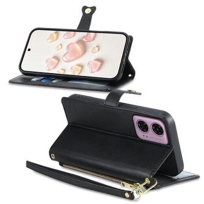 For Motorola Moto G04 / Moto G24 Zipper Wallet Heart Buckle Vegan Leather Phone Case with Wrist Strap(Black)