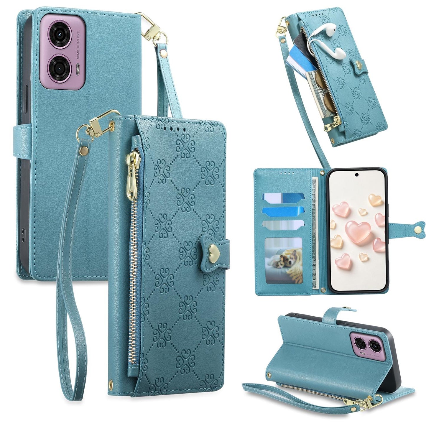 For Motorola Moto G04 / Moto G24 Zipper Wallet Heart Buckle Vegan Leather Phone Case with Wrist Strap(Lake Blue)
