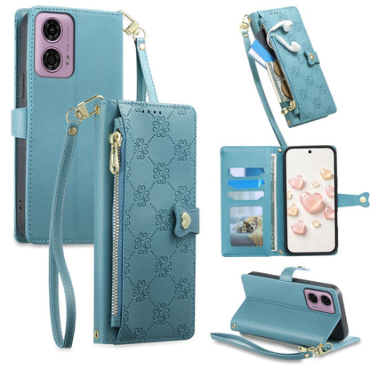 For Motorola Moto G04 / Moto G24 Zipper Wallet Heart Buckle Vegan Leather Phone Case with Wrist Strap(Lake Blue)