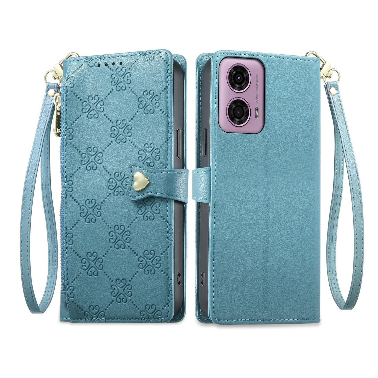 For Motorola Moto G04 / Moto G24 Zipper Wallet Heart Buckle Vegan Leather Phone Case with Wrist Strap(Lake Blue)