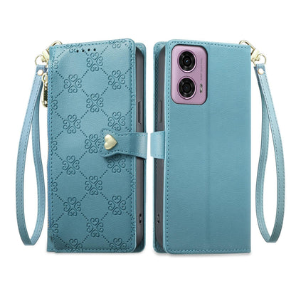 For Motorola Moto G04 / Moto G24 Zipper Wallet Heart Buckle Vegan Leather Phone Case with Wrist Strap(Lake Blue)