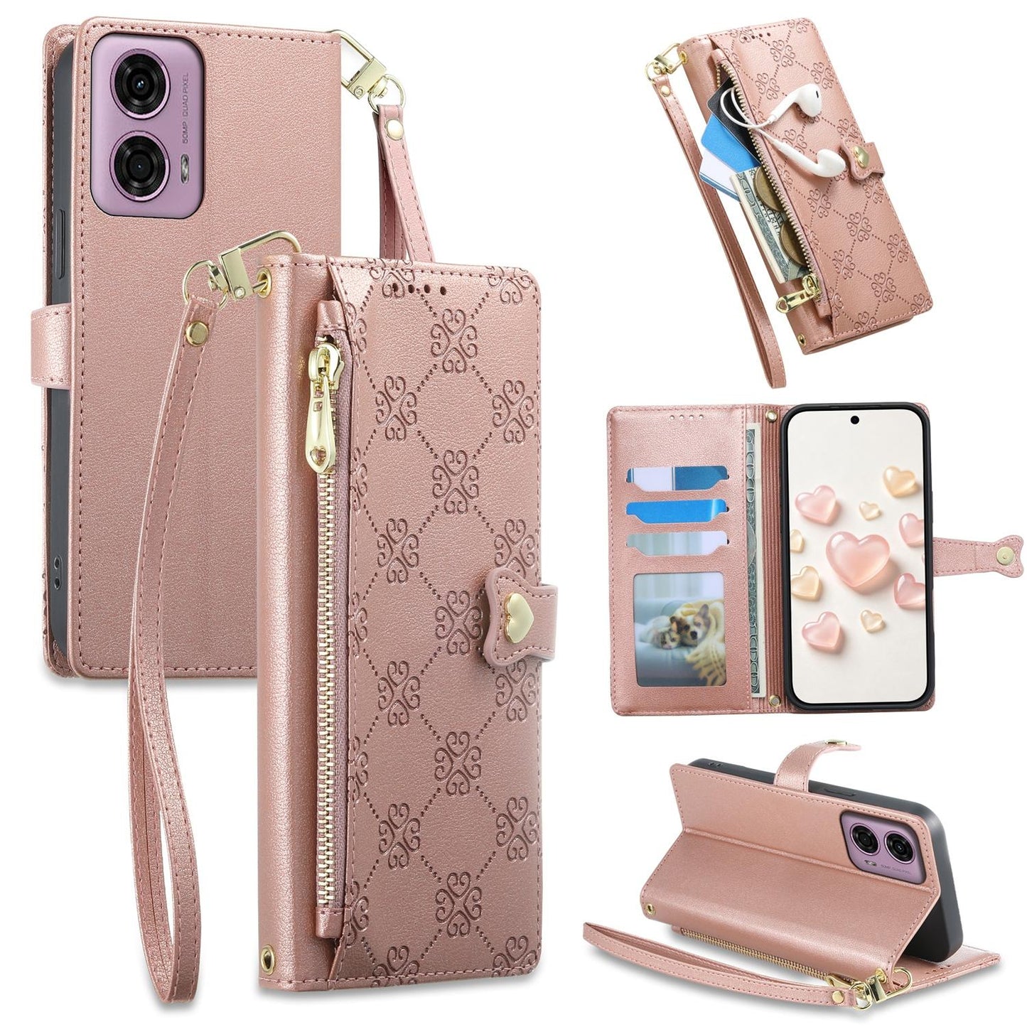 For Motorola Moto G04 / Moto G24 Zipper Wallet Heart Buckle Vegan Leather Phone Case with Wrist Strap(Pink)