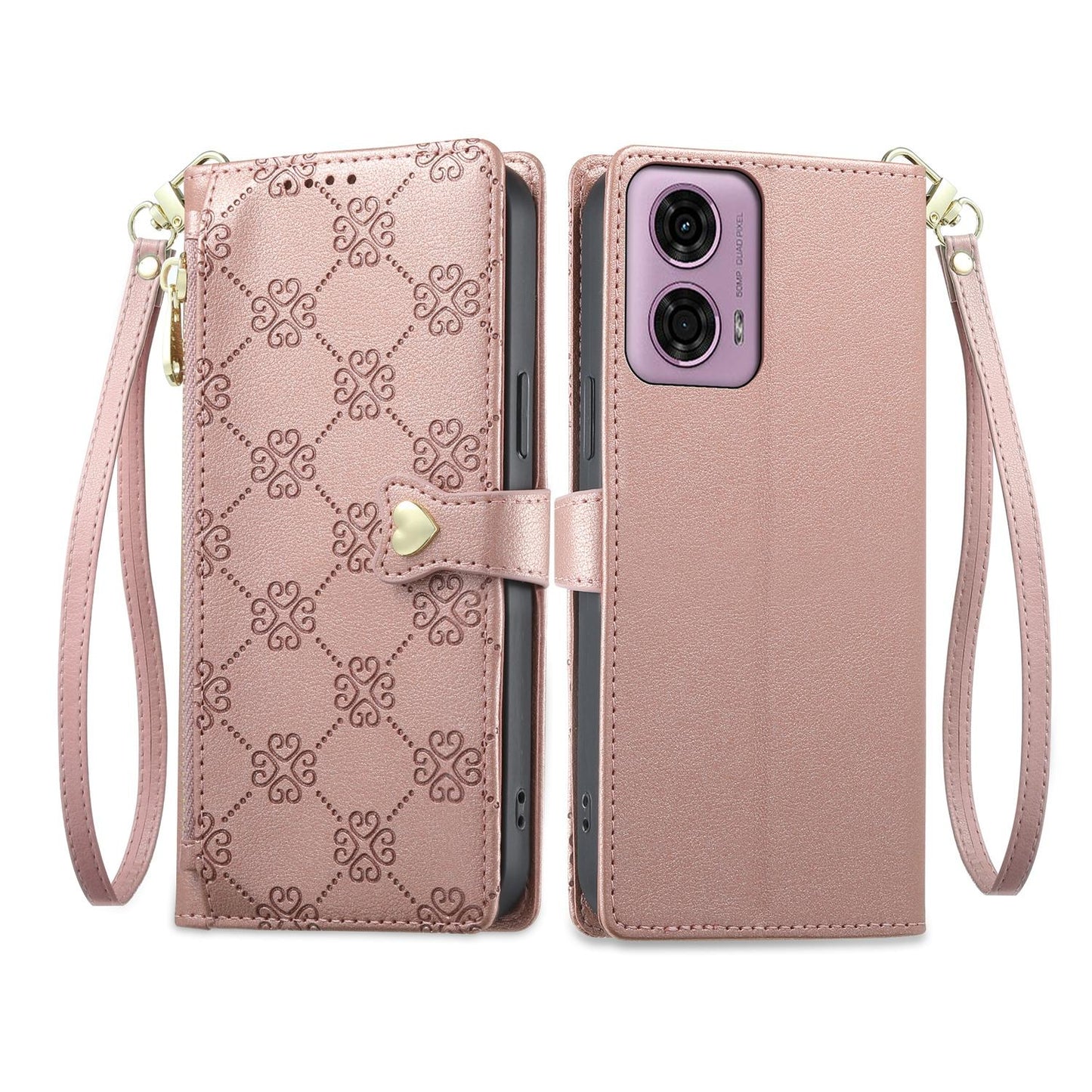 For Motorola Moto G04 / Moto G24 Zipper Wallet Heart Buckle Vegan Leather Phone Case with Wrist Strap(Pink)
