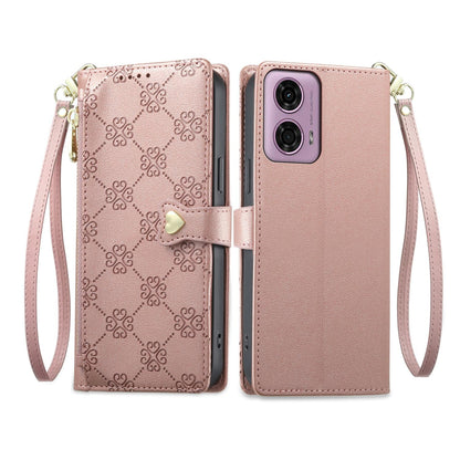 For Motorola Moto G04 / Moto G24 Zipper Wallet Heart Buckle Vegan Leather Phone Case with Wrist Strap(Pink)