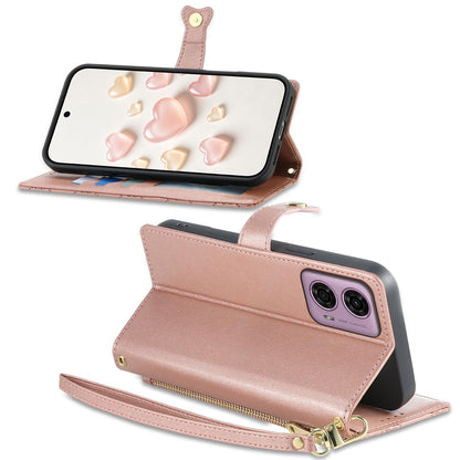For Motorola Moto G04 / Moto G24 Zipper Wallet Heart Buckle Vegan Leather Phone Case with Wrist Strap(Pink)