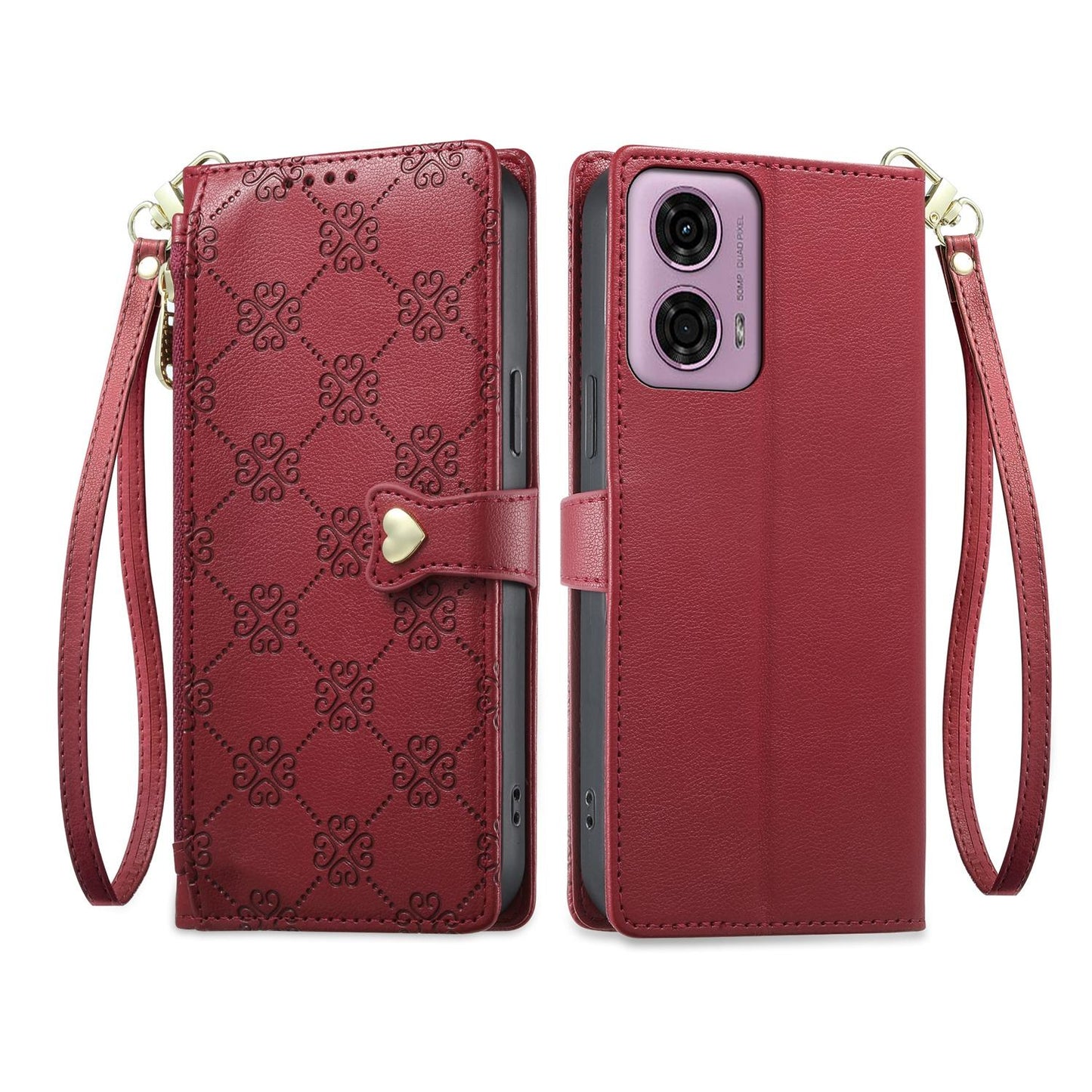For Motorola Moto G04 / Moto G24 Zipper Wallet Heart Buckle Vegan Leather Phone Case with Wrist Strap(Red)