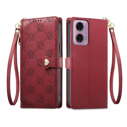 For Motorola Moto G04 / Moto G24 Zipper Wallet Heart Buckle Vegan Leather Phone Case with Wrist Strap(Red)