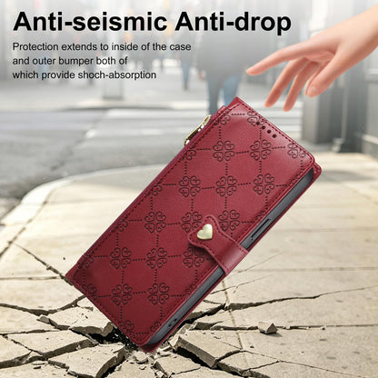 For Motorola Moto G04 / Moto G24 Zipper Wallet Heart Buckle Vegan Leather Phone Case with Wrist Strap(Red)