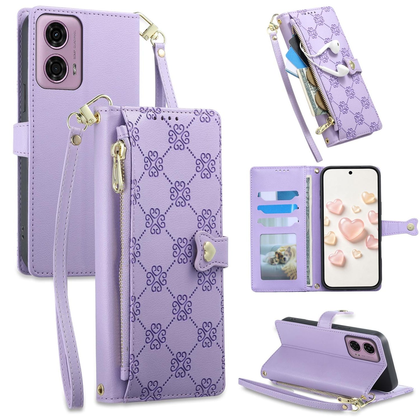 For Motorola Moto G04 / Moto G24 Zipper Wallet Heart Buckle Vegan Leather Phone Case with Wrist Strap(Purple)