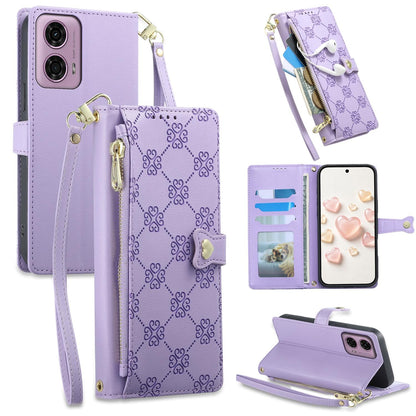 For Motorola Moto G04 / Moto G24 Zipper Wallet Heart Buckle Vegan Leather Phone Case with Wrist Strap(Purple)