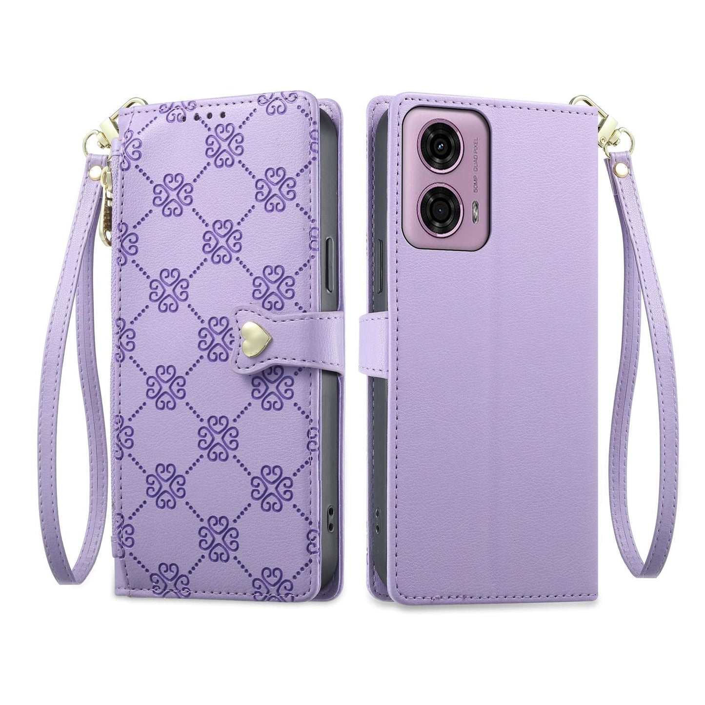 For Motorola Moto G04 / Moto G24 Zipper Wallet Heart Buckle Vegan Leather Phone Case with Wrist Strap(Purple)