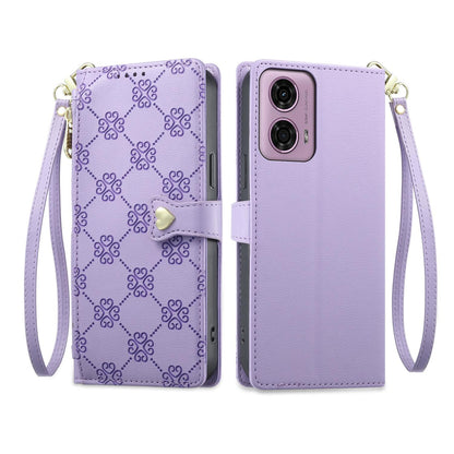 For Motorola Moto G04 / Moto G24 Zipper Wallet Heart Buckle Vegan Leather Phone Case with Wrist Strap(Purple)