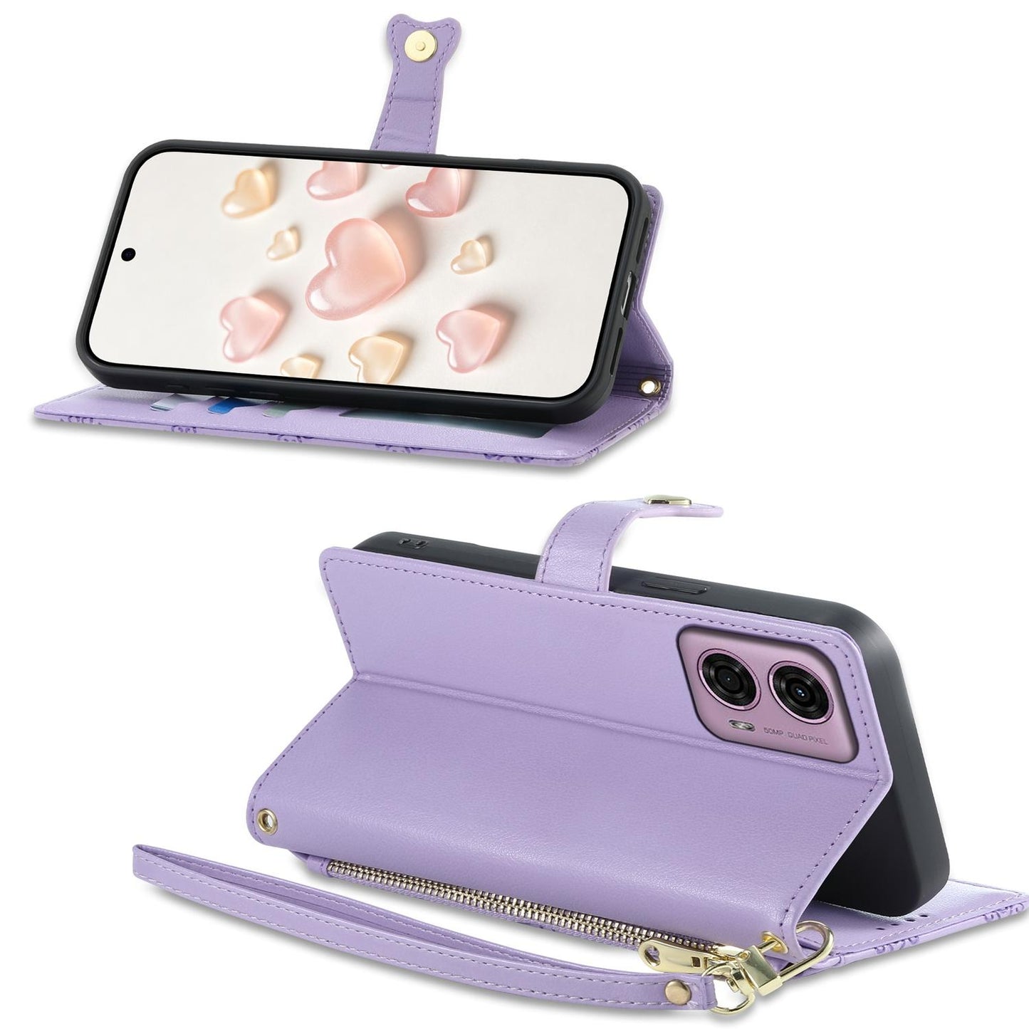 For Motorola Moto G04 / Moto G24 Zipper Wallet Heart Buckle Vegan Leather Phone Case with Wrist Strap(Purple)