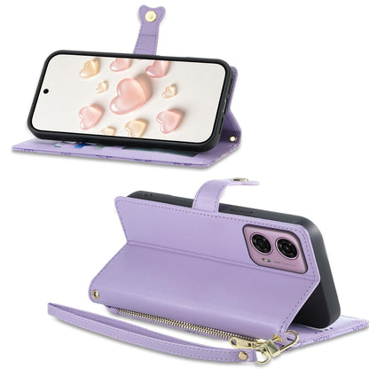 For Motorola Moto G04 / Moto G24 Zipper Wallet Heart Buckle Vegan Leather Phone Case with Wrist Strap(Purple)