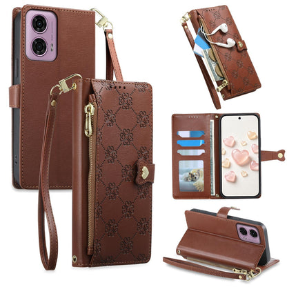 For Motorola Moto G04 / Moto G24 Zipper Wallet Heart Buckle Vegan Leather Phone Case with Wrist Strap(Brown)