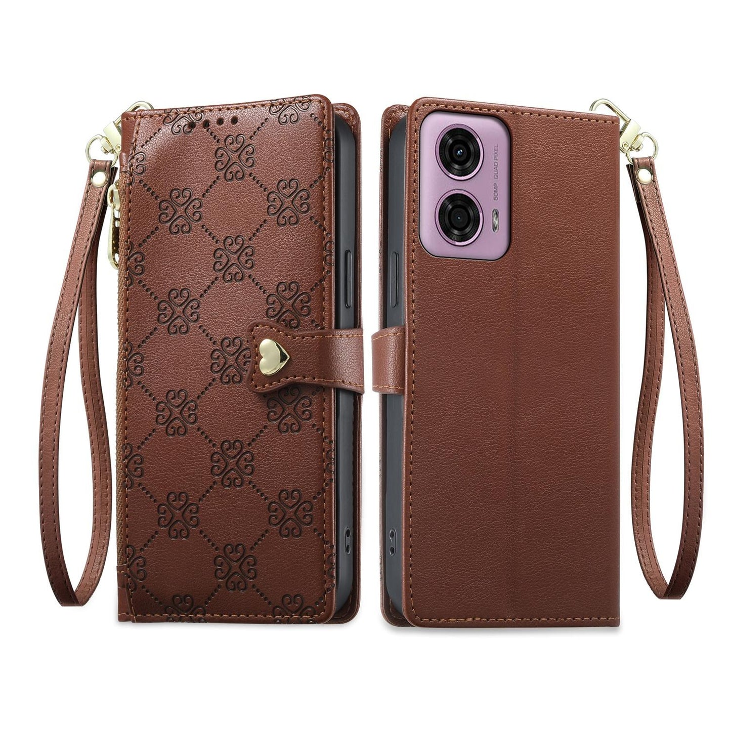 For Motorola Moto G04 / Moto G24 Zipper Wallet Heart Buckle Vegan Leather Phone Case with Wrist Strap(Brown)