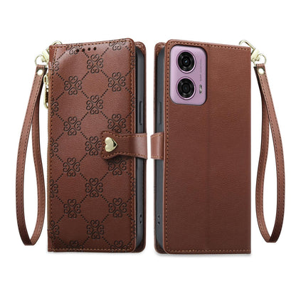 For Motorola Moto G04 / Moto G24 Zipper Wallet Heart Buckle Vegan Leather Phone Case with Wrist Strap(Brown)