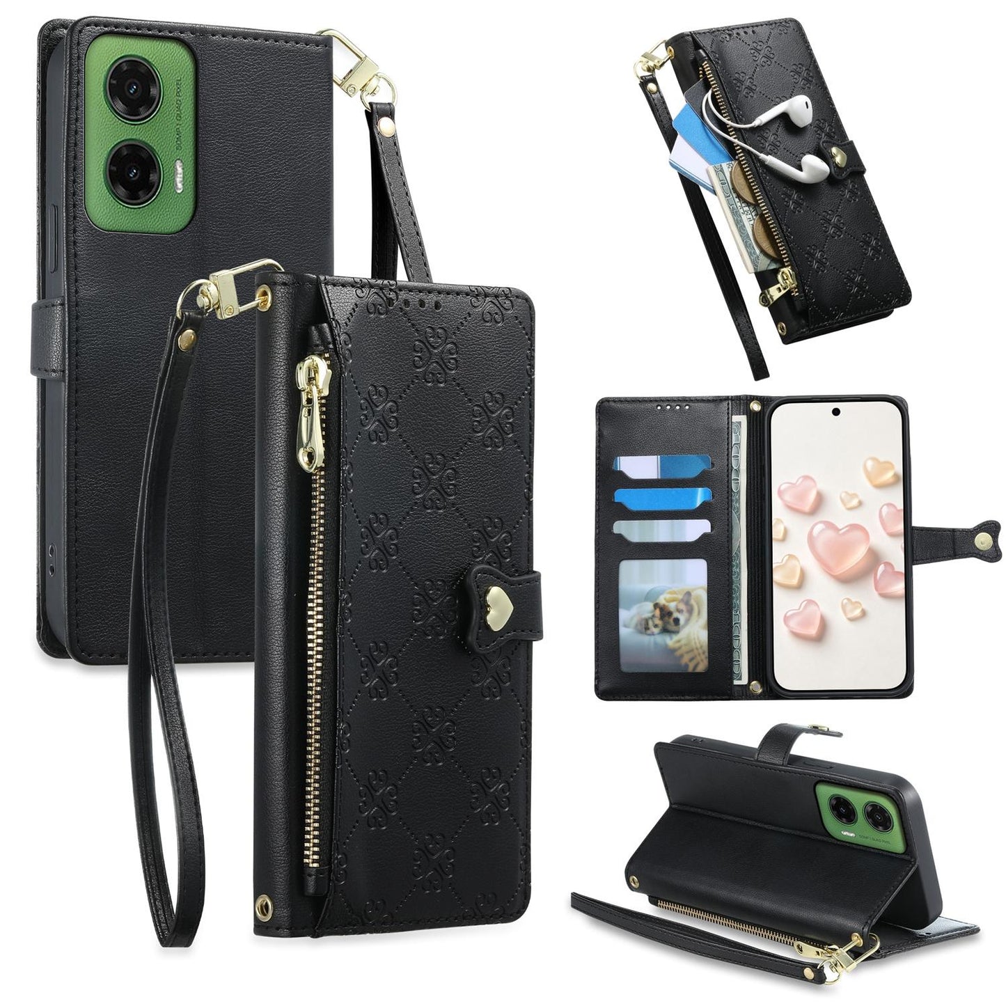 For Motorola Moto G35 Zipper Wallet Heart Buckle Vegan Leather Phone Case with Wrist Strap(Black)