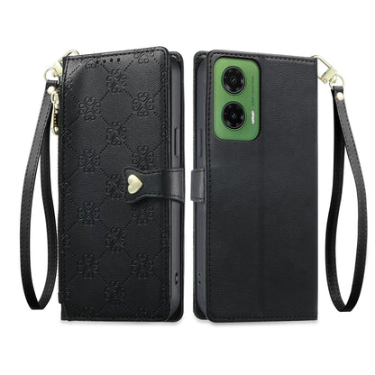 For Motorola Moto G35 Zipper Wallet Heart Buckle Vegan Leather Phone Case with Wrist Strap(Black)