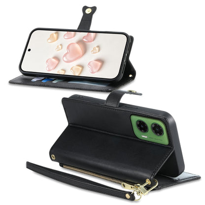 For Motorola Moto G35 Zipper Wallet Heart Buckle Vegan Leather Phone Case with Wrist Strap(Black)