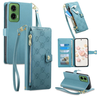 For Motorola Moto G35 Zipper Wallet Heart Buckle Vegan Leather Phone Case with Wrist Strap(Lake Blue)