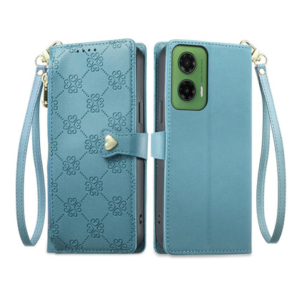 For Motorola Moto G35 Zipper Wallet Heart Buckle Vegan Leather Phone Case with Wrist Strap(Lake Blue)