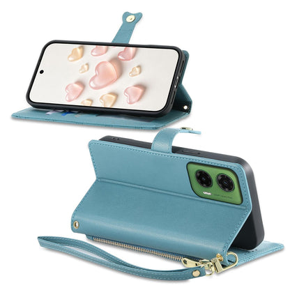 For Motorola Moto G35 Zipper Wallet Heart Buckle Vegan Leather Phone Case with Wrist Strap(Lake Blue)