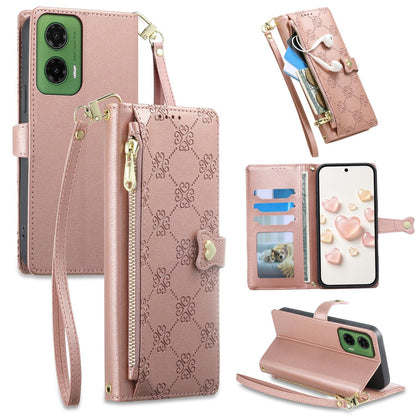 For Motorola Moto G35 Zipper Wallet Heart Buckle Vegan Leather Phone Case with Wrist Strap(Pink)