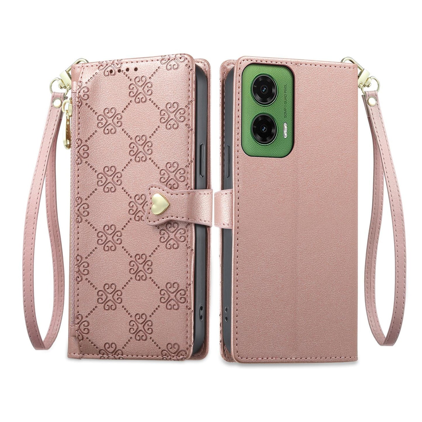 For Motorola Moto G35 Zipper Wallet Heart Buckle Vegan Leather Phone Case with Wrist Strap(Pink)