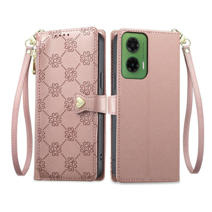 For Motorola Moto G35 Zipper Wallet Heart Buckle Vegan Leather Phone Case with Wrist Strap(Pink)