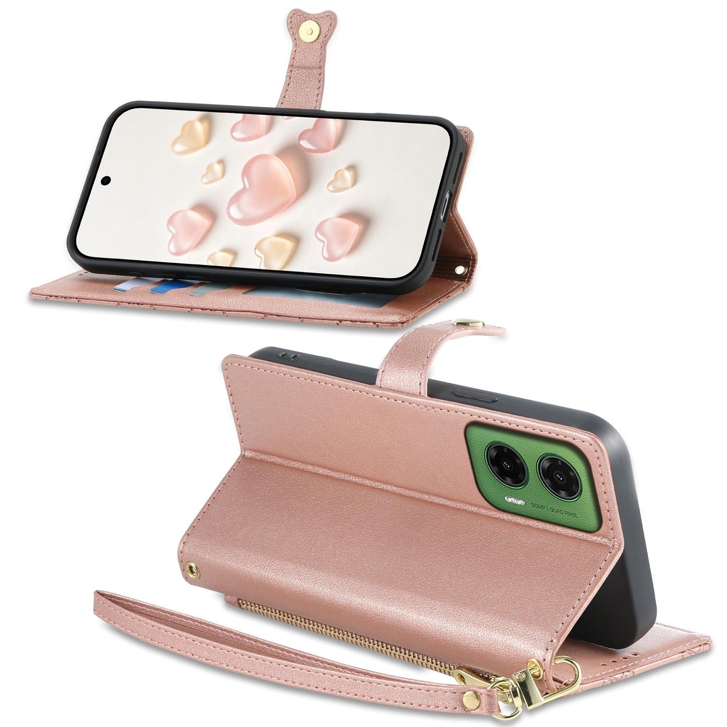 For Motorola Moto G35 Zipper Wallet Heart Buckle Vegan Leather Phone Case with Wrist Strap(Pink)