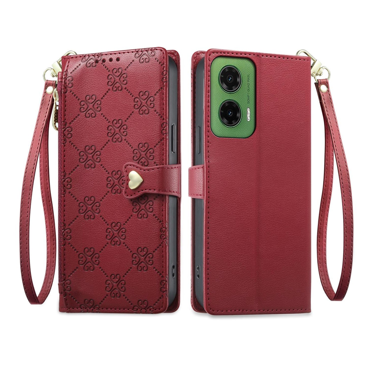 For Motorola Moto G35 Zipper Wallet Heart Buckle Vegan Leather Phone Case with Wrist Strap(Red)
