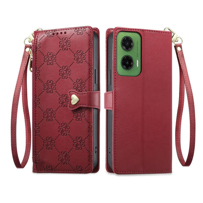 For Motorola Moto G35 Zipper Wallet Heart Buckle Vegan Leather Phone Case with Wrist Strap(Red)